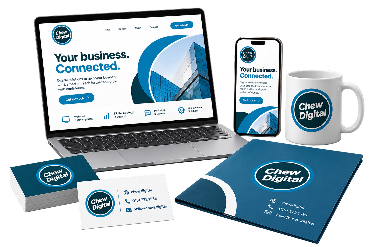Chew Digital&reg; branded website, stationery, presentation folder and mug